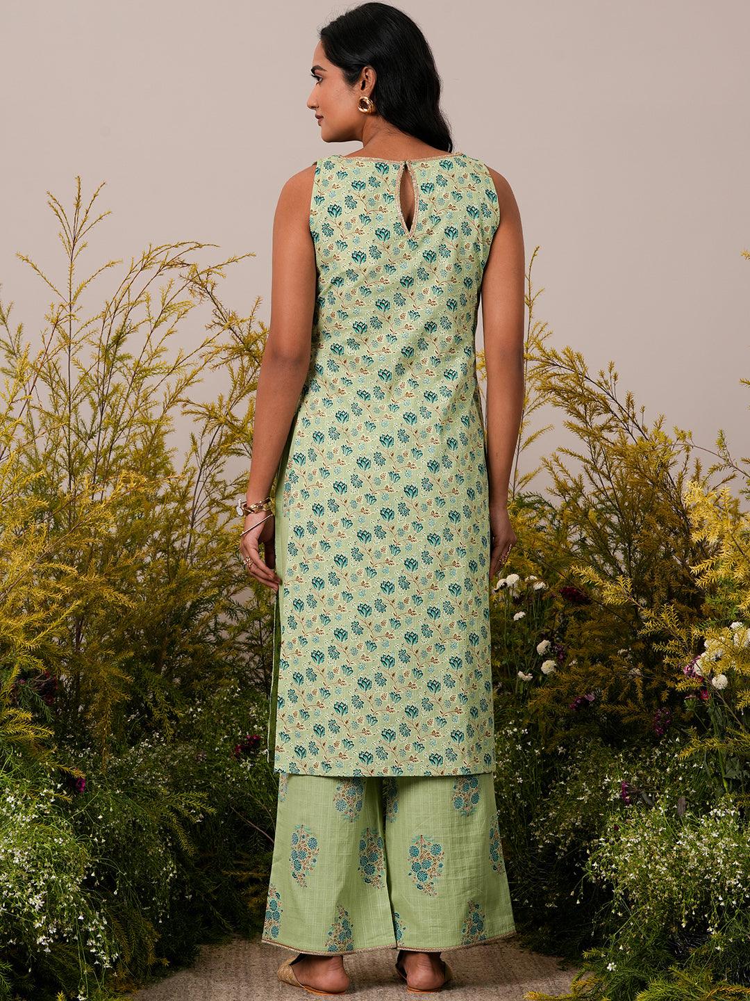 Green Printed Cotton Straight Kurta Set - Libas 