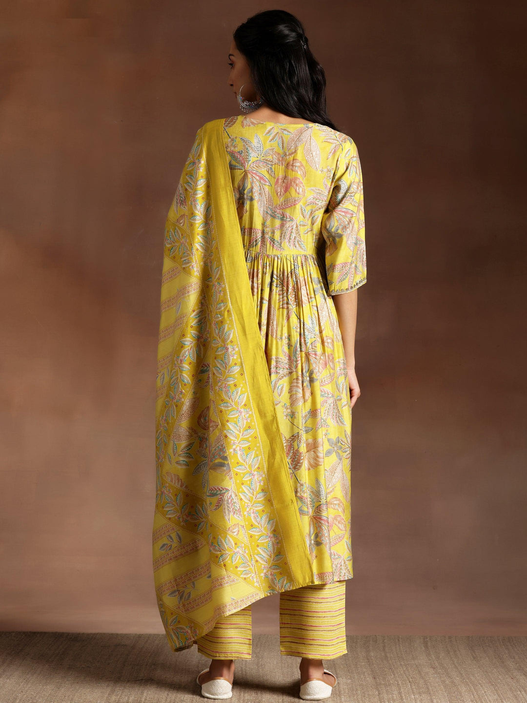 Aashna Mustard Printed Silk Blend A-Line Kurta With Palazzos & Dupatta - Libas 