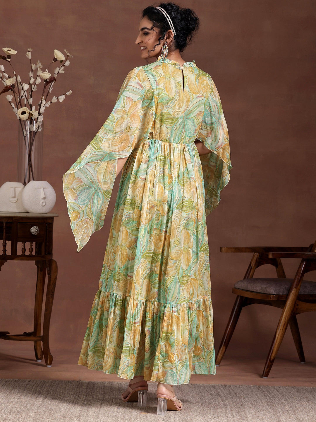 Green Printed Chiffon A-Line Dress - Libas