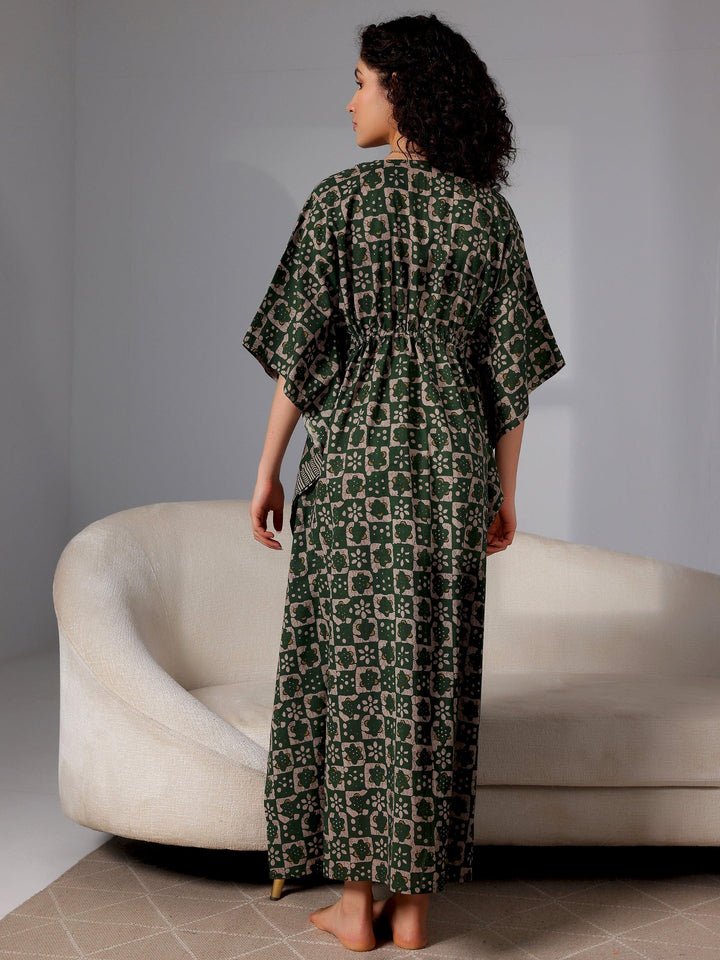 Green Printed Cotton Kaftan Night Dress - Libas