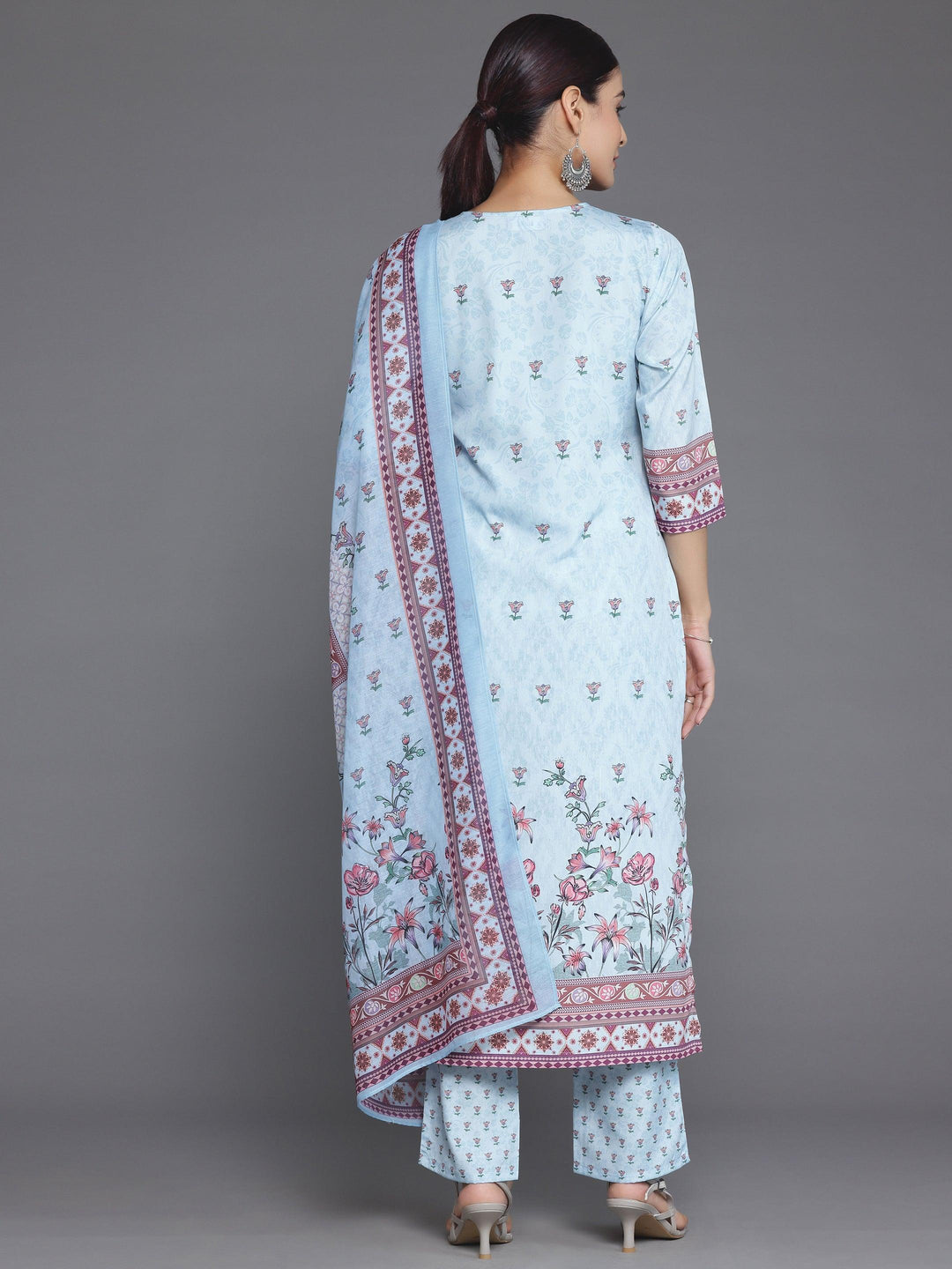 Blue Printed Poly Crepe Straight Suit With Dupatta - Libas 