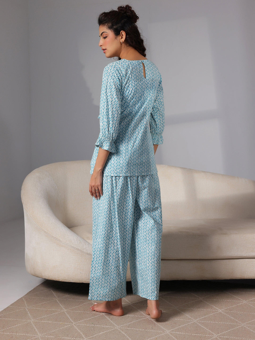 Blue Printed Cotton Night Suits - Libas 