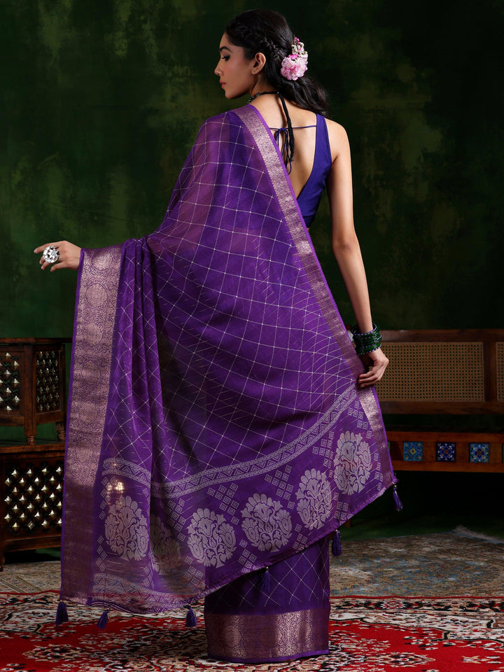 Purple Printed Silk Blend Saree With Unstitched Blouse Piece - Libas