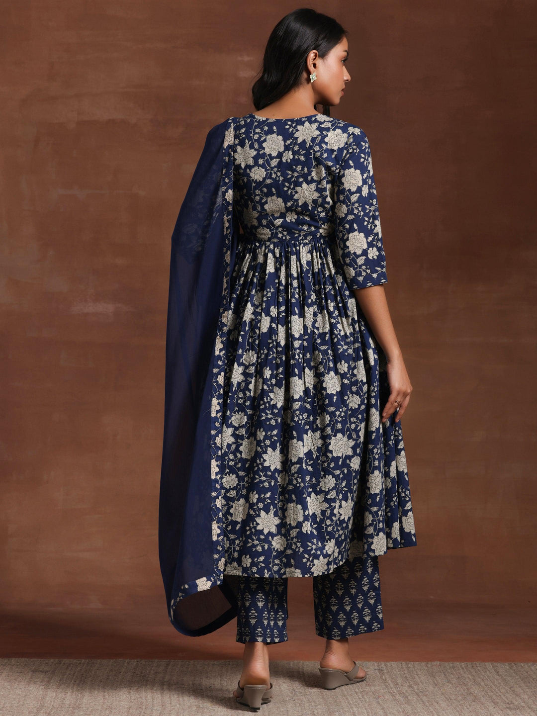 Blue Printed Pure Cotton Anarkali Suit With Dupatta - Libas 