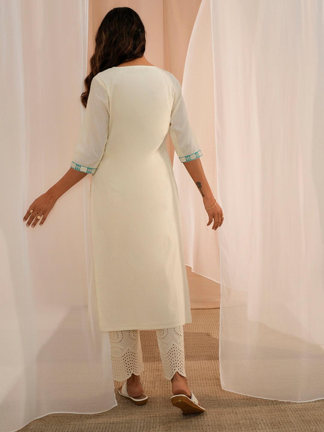 Off White Yoke Design Cotton Straight Kurta - Libas 