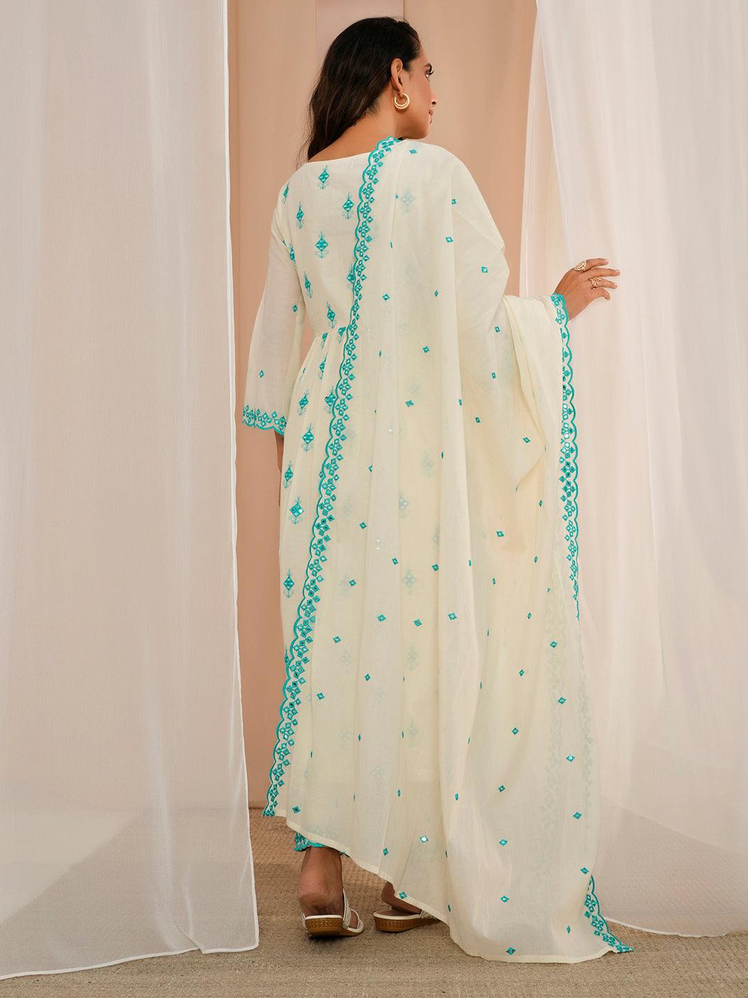 Off White Embroidered Cotton Anarkali Suit With Dupatta - Libas 