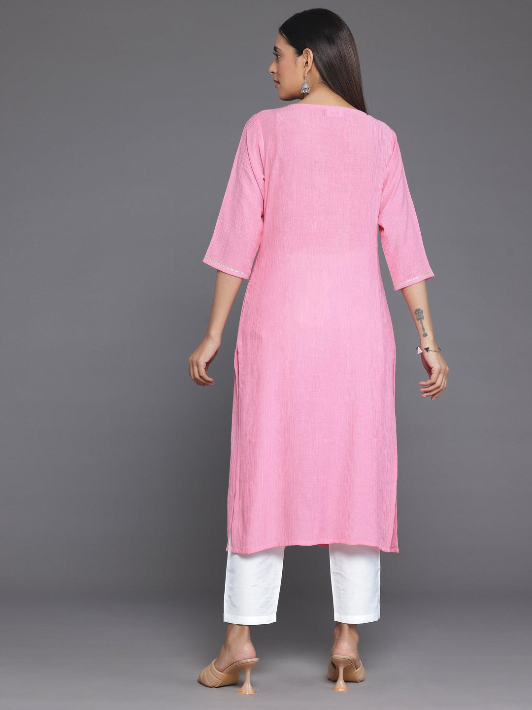 Pink Yoke Design Cotton Straight Kurta - Libas