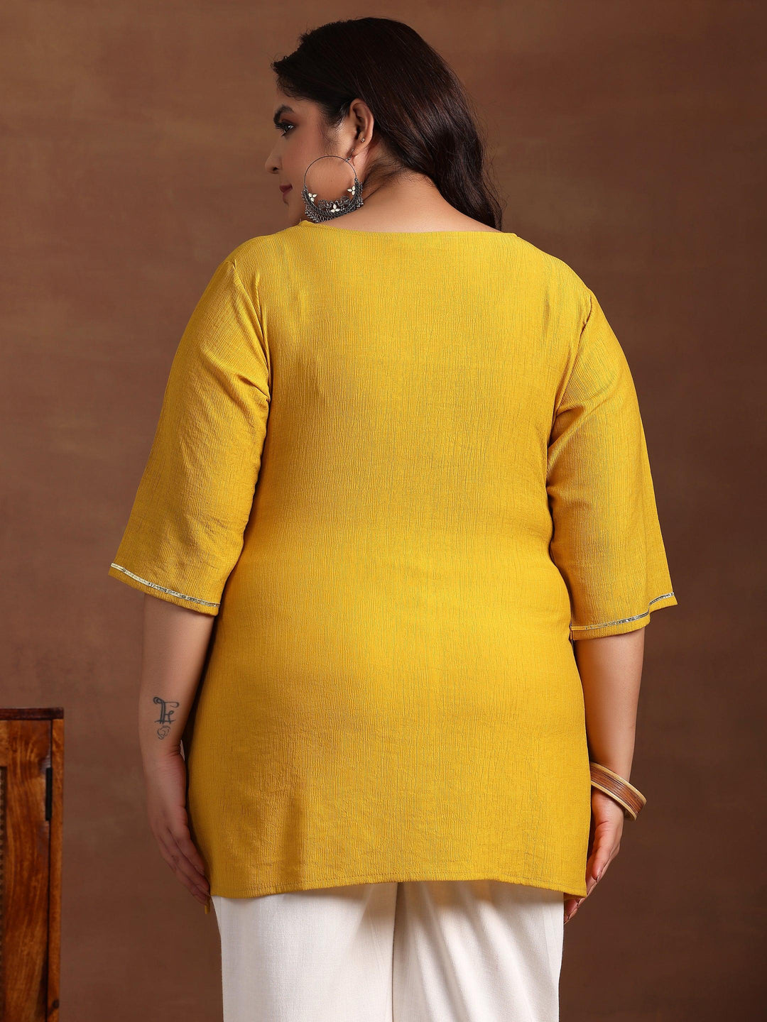 Plus Size Mustard Woven Design Cotton Blend Straight Kurti - Libas