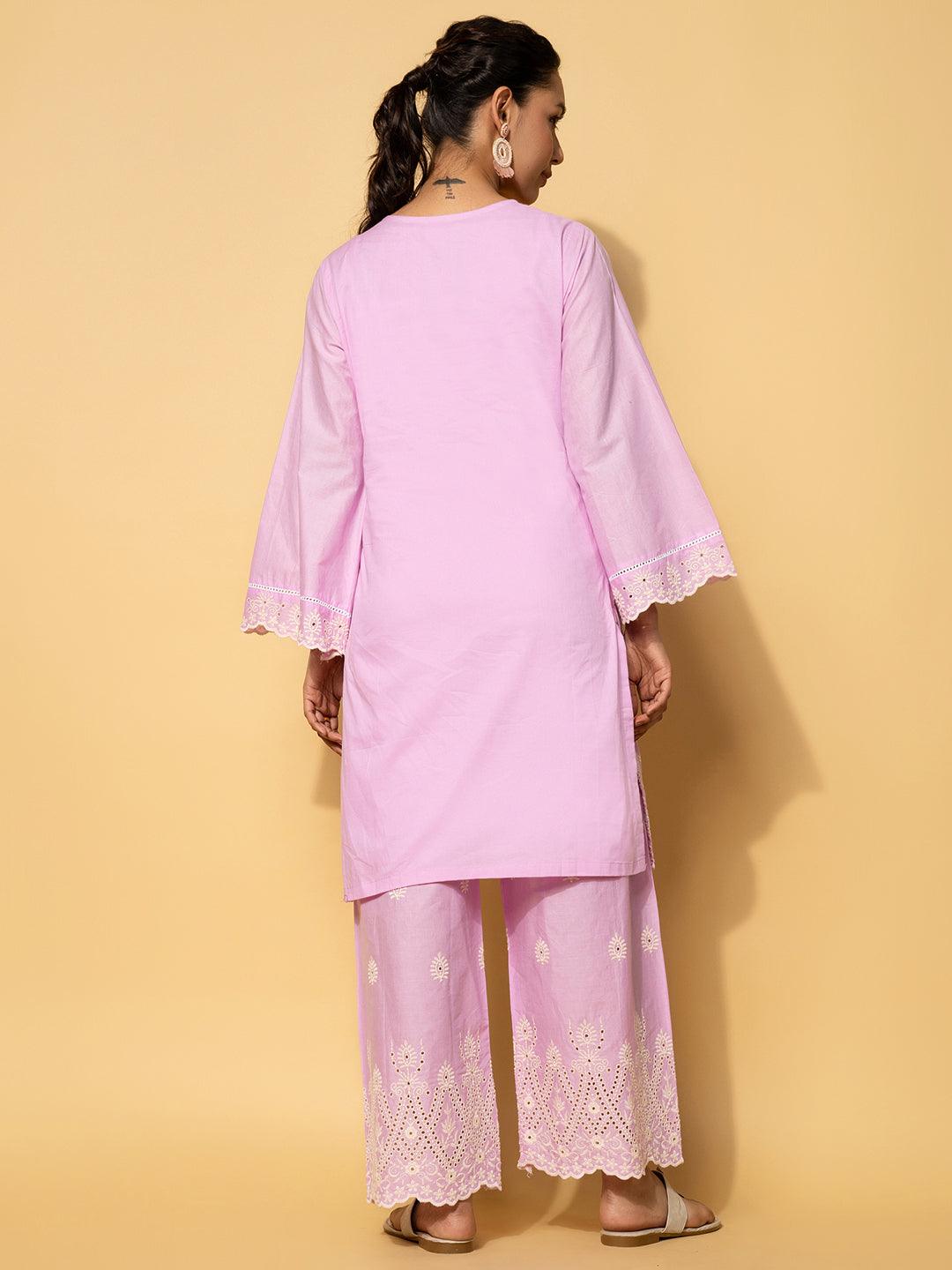 Lavender Embroidered Cotton Co-Ords - Libas 