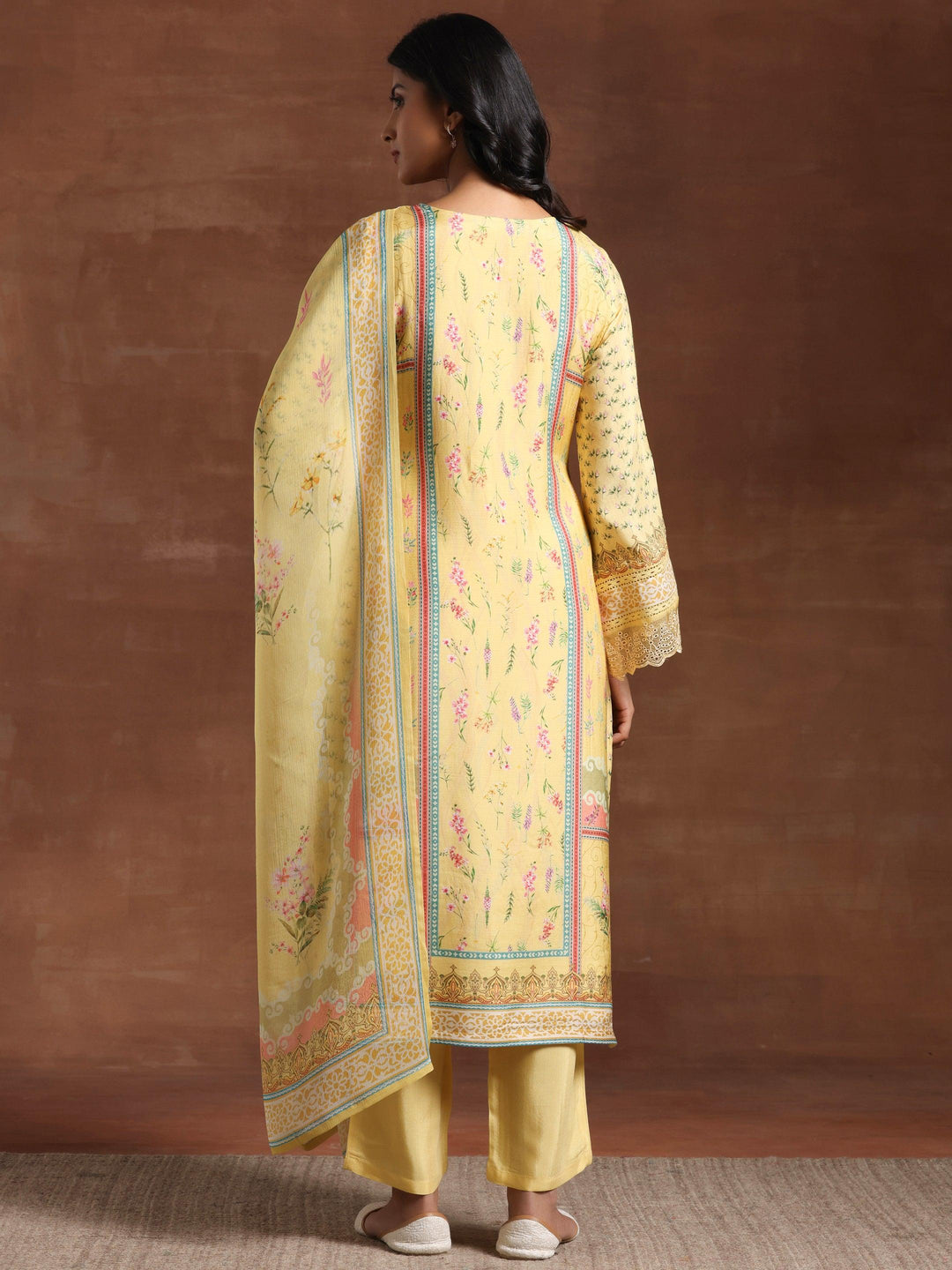 Yellow Printed Silk Blend Straight Suit With Dupatta - Libas 