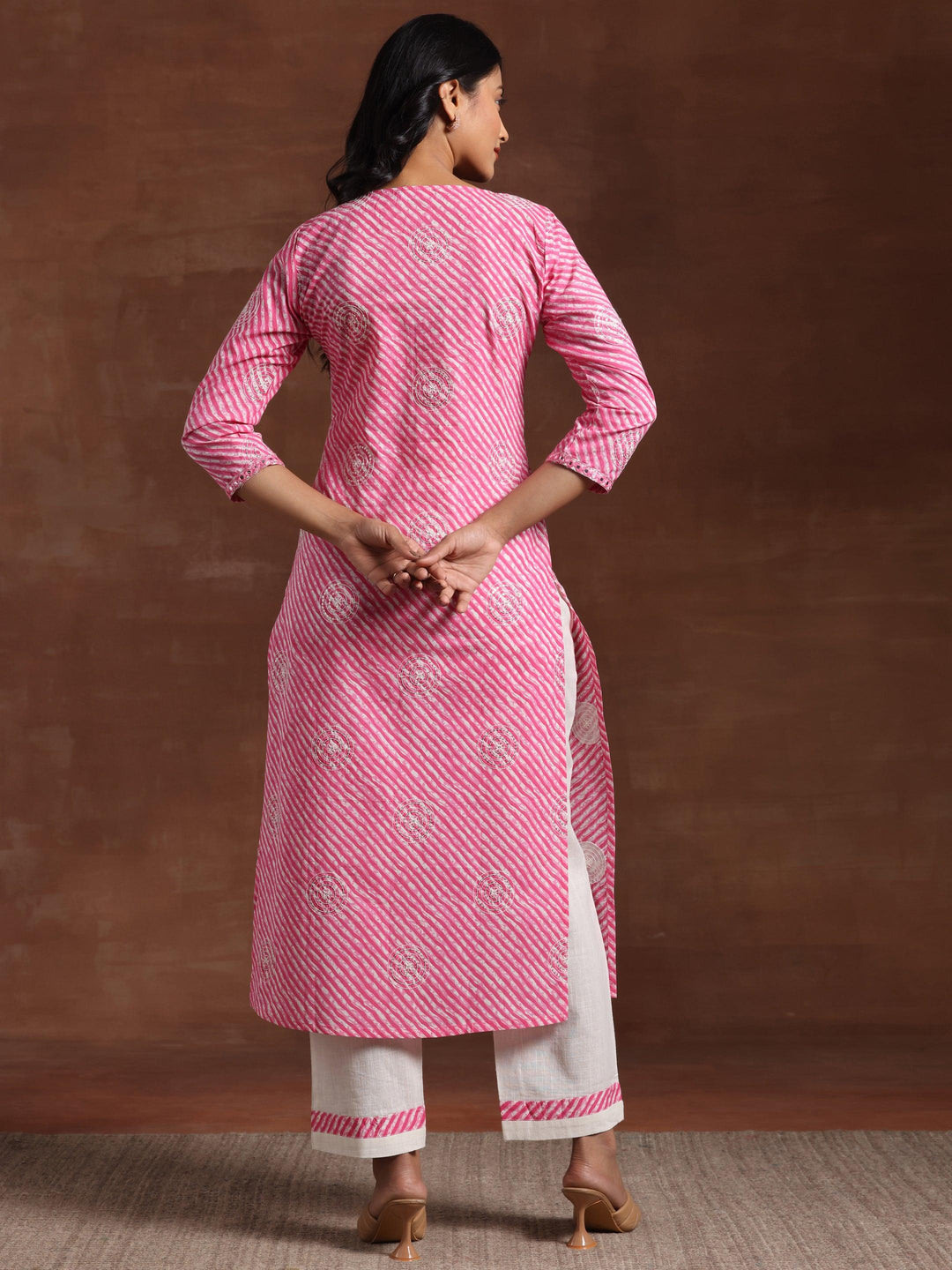 Pink Printed Cotton Straight Kurta Set - Libas 