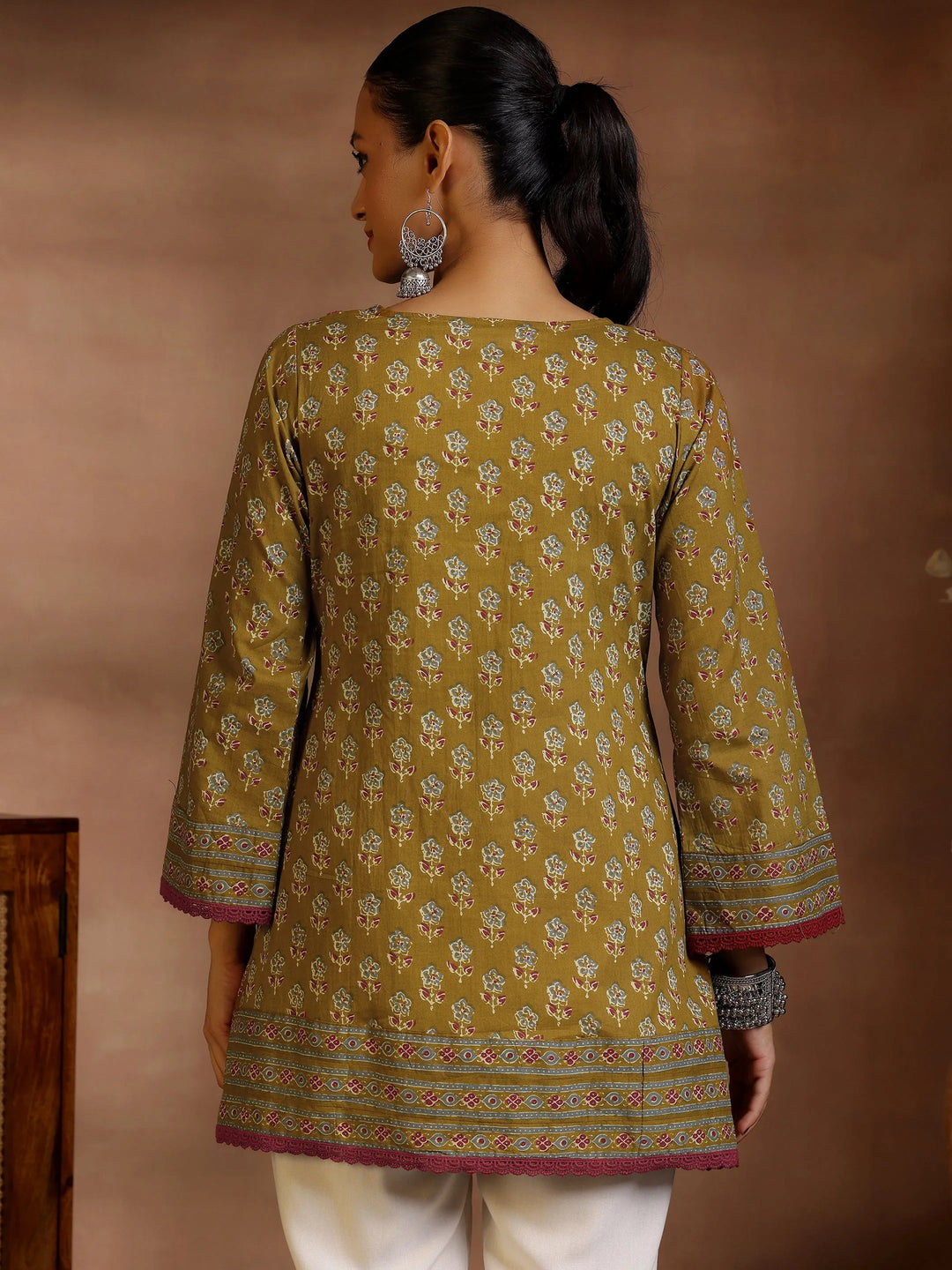  Olive Printed Cotton A-Line Kurti 