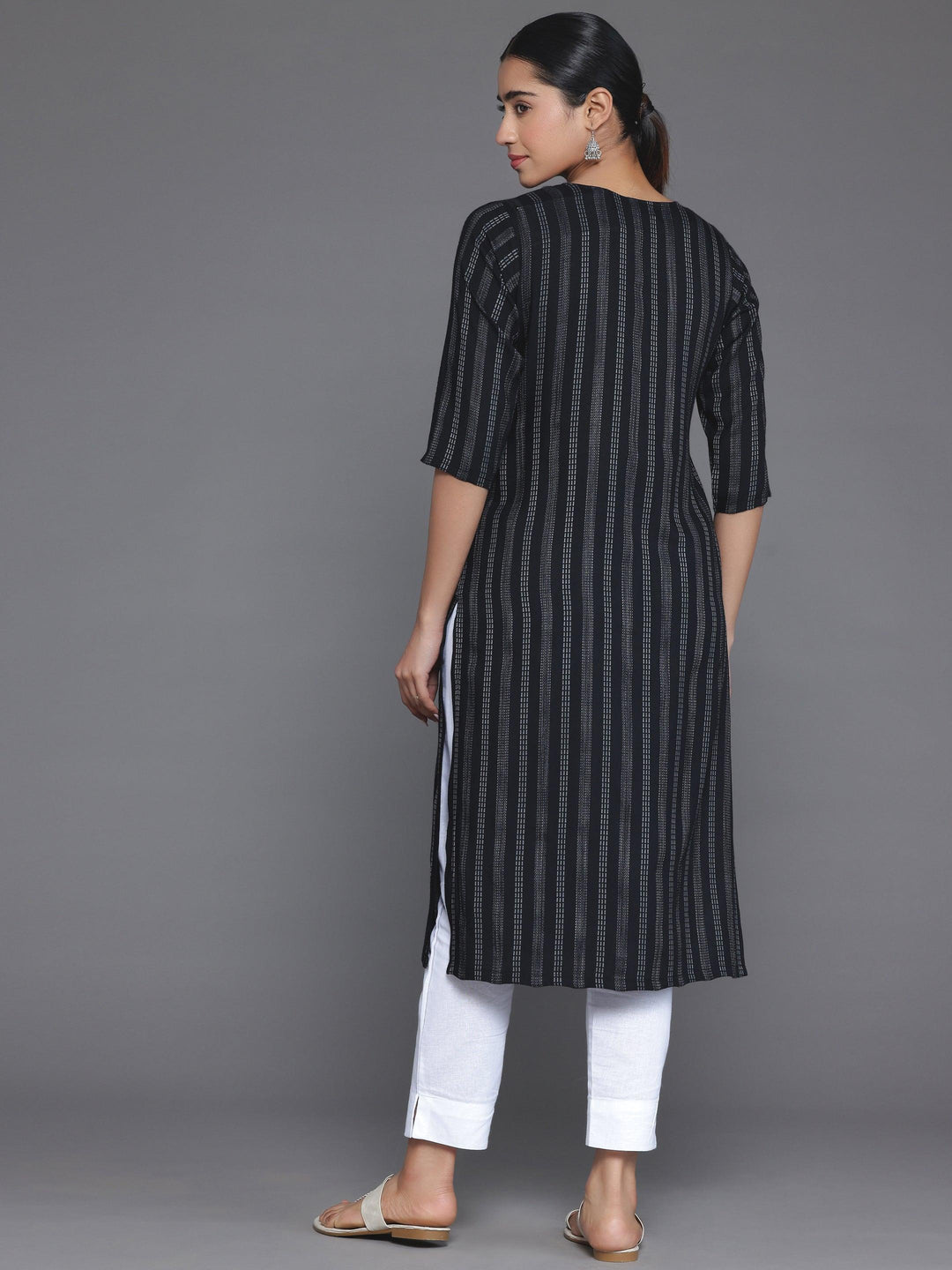 Black Striped Rayon Straight Kurta - Libas 