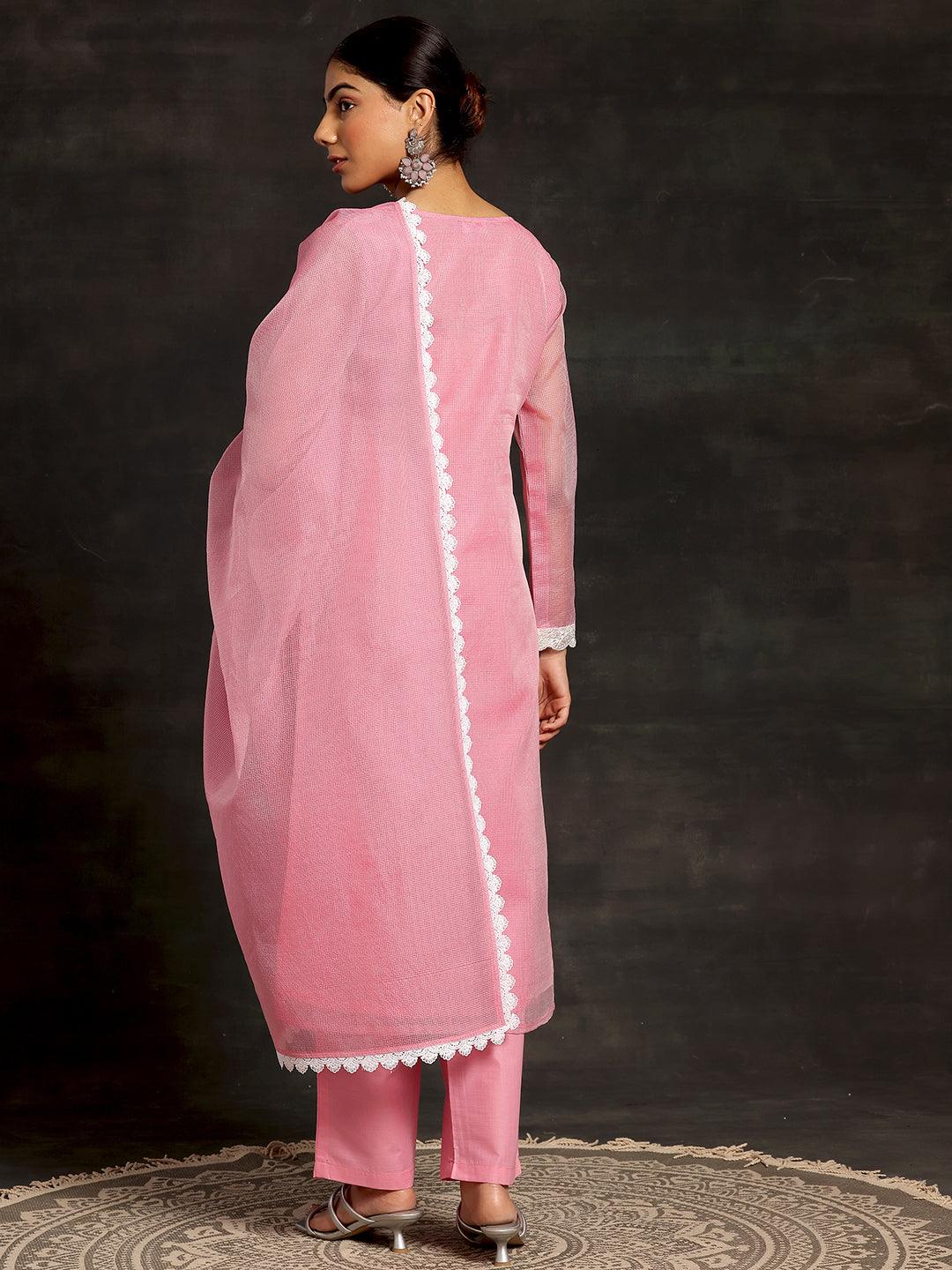 Pink Embroidered Cotton Straight Suit With Dupatta - Libas 