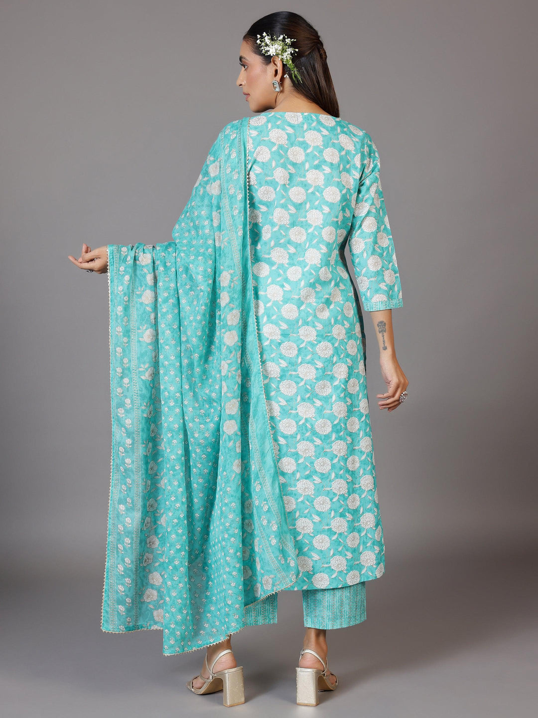 Turquoise Printed Cotton Straight Suit With Dupatta - Libas 