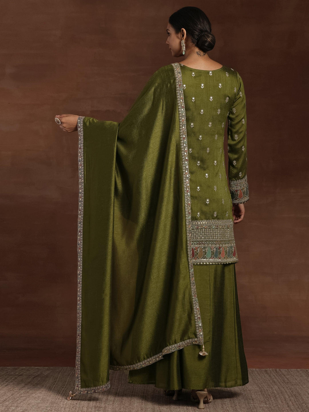 Olive Embroidered Silk Blend Straight Kurta With Palazzos & Dupatta - Libas 