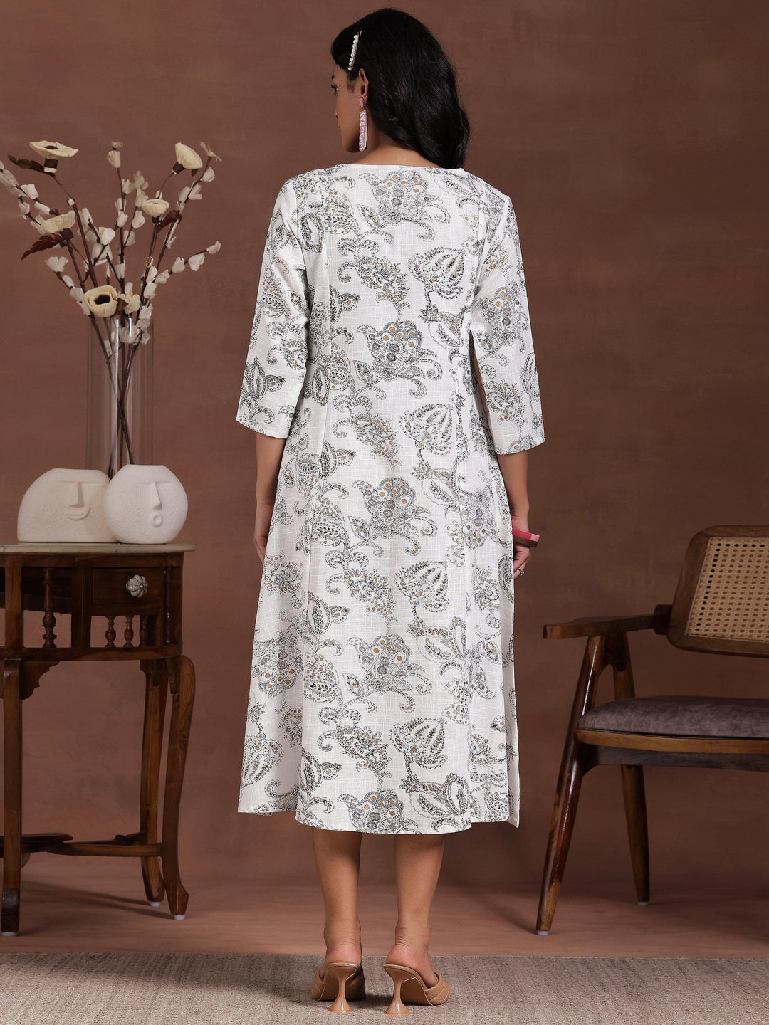 White Printed Cotton A-Line Dress - Libas 