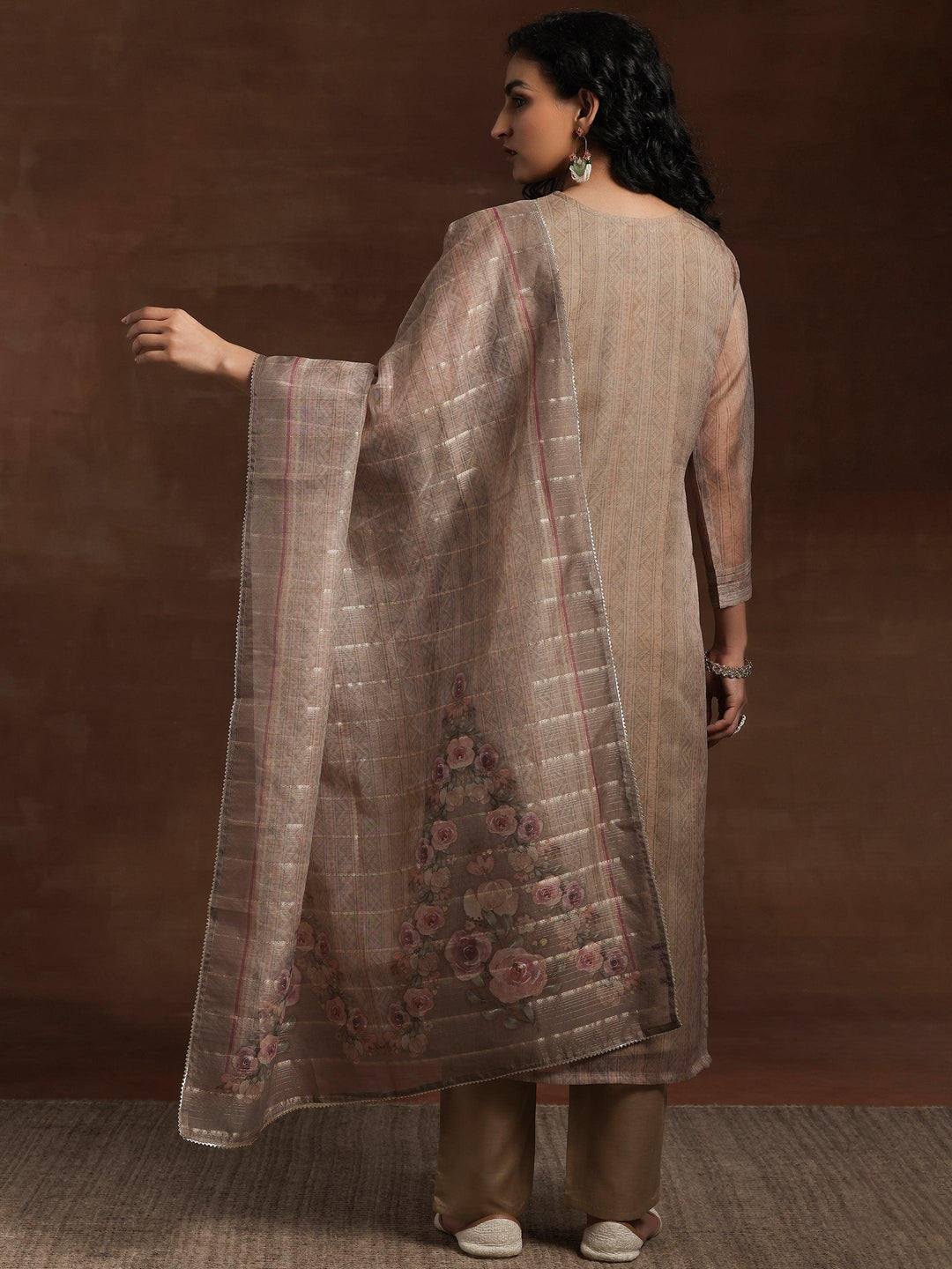 Tan Printed Organza Straight Suit With Dupatta - Libas