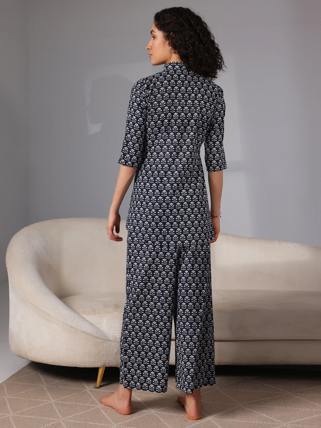 Navy Blue Printed Cotton Night Suits - Libas