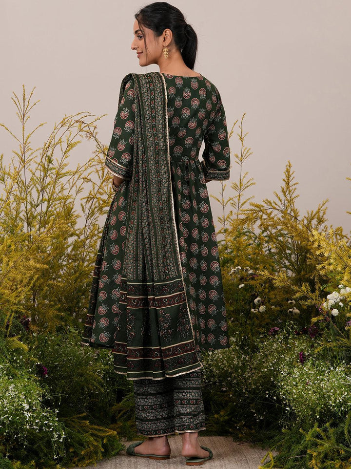 Green Printed Cotton Anarkali Suit With Dupatta - Libas