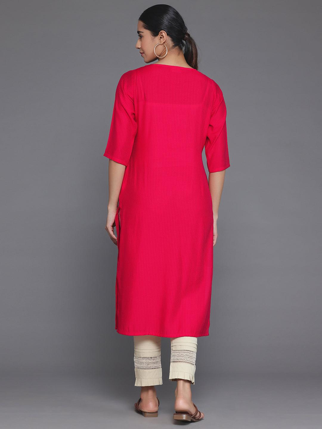 Red Woven Design Silk Straight Kurta - Libas