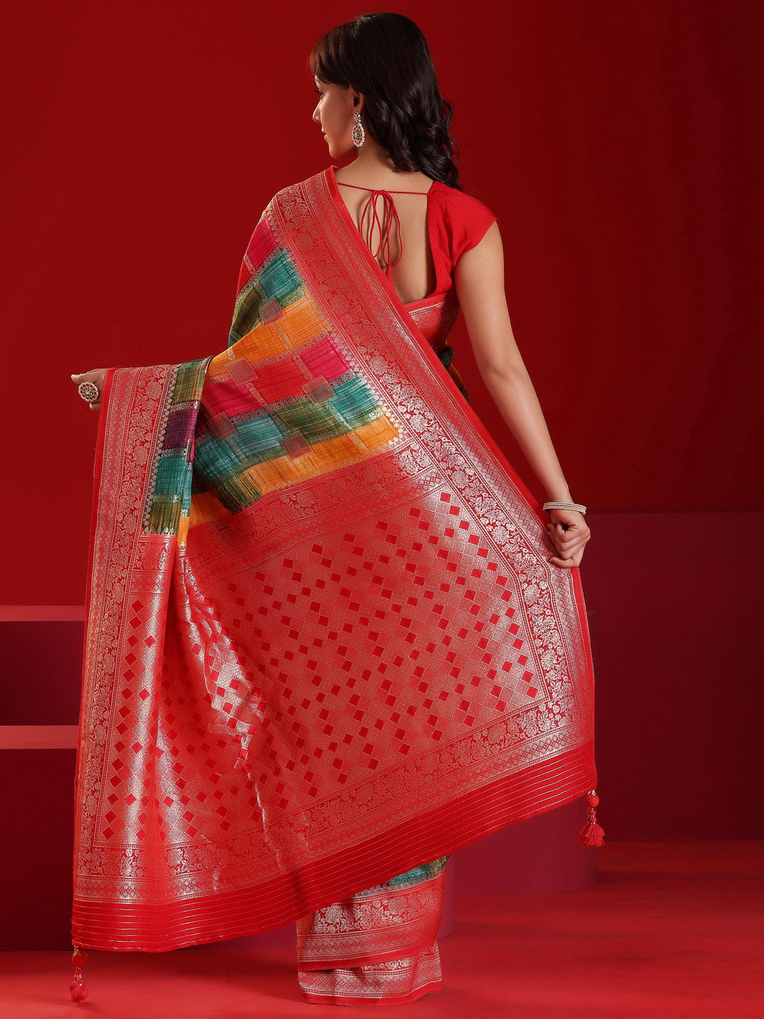 Libas Art Multicoloured Woven Design Satin Saree With Unstitched Blouse Piece - Libas