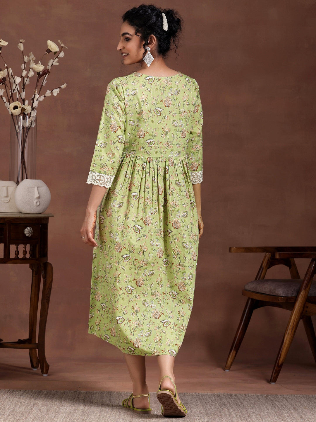 Green Printed Cotton Fit and Flare Dress - Libas 