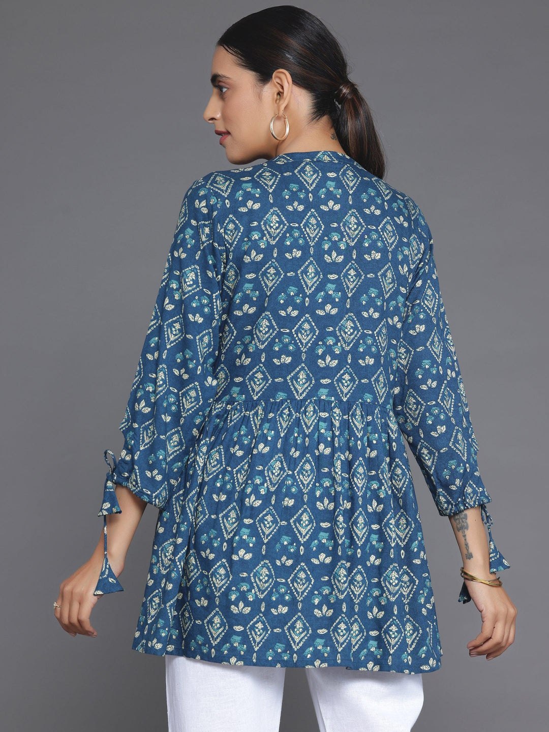 Blue Printed Rayon A-Line Kurti - Libas 