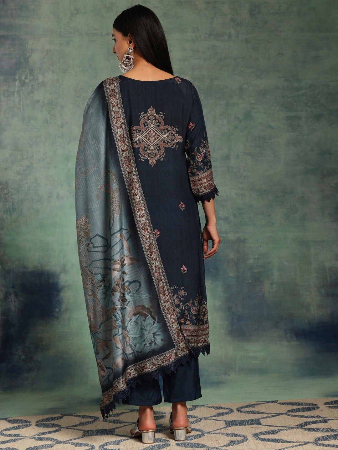 Blue Printed Silk Blend Straight Suit With Dupatta - Libas 