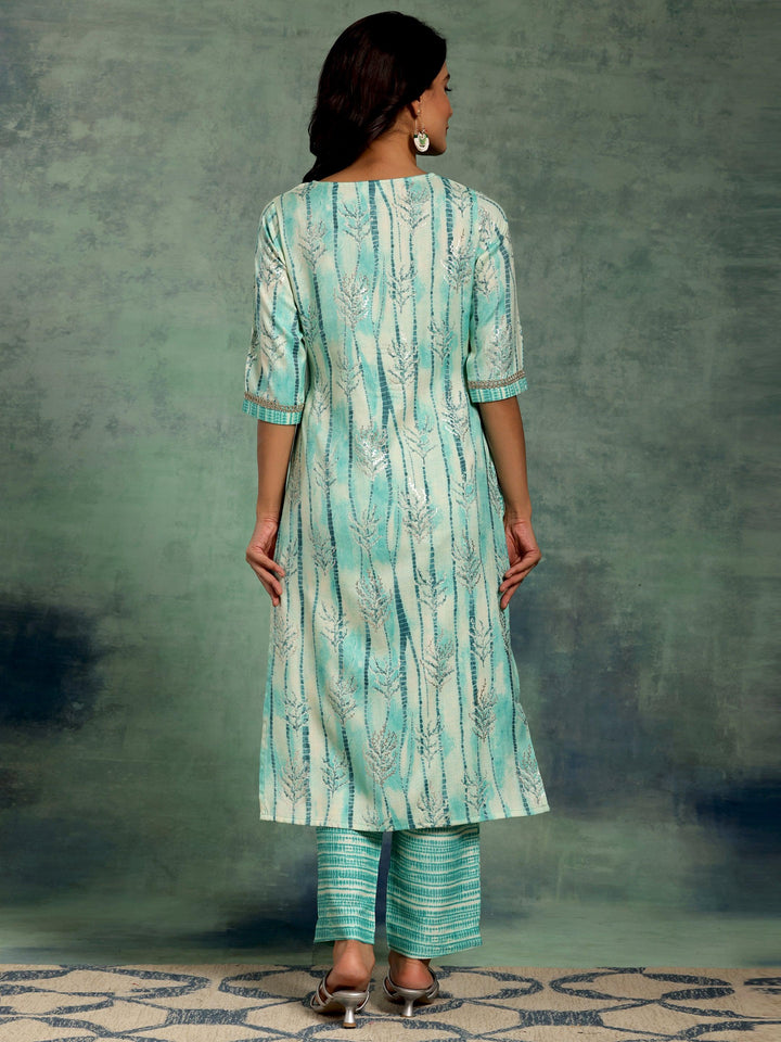 Blue Printed Rayon Straight Kurta Set - Libas