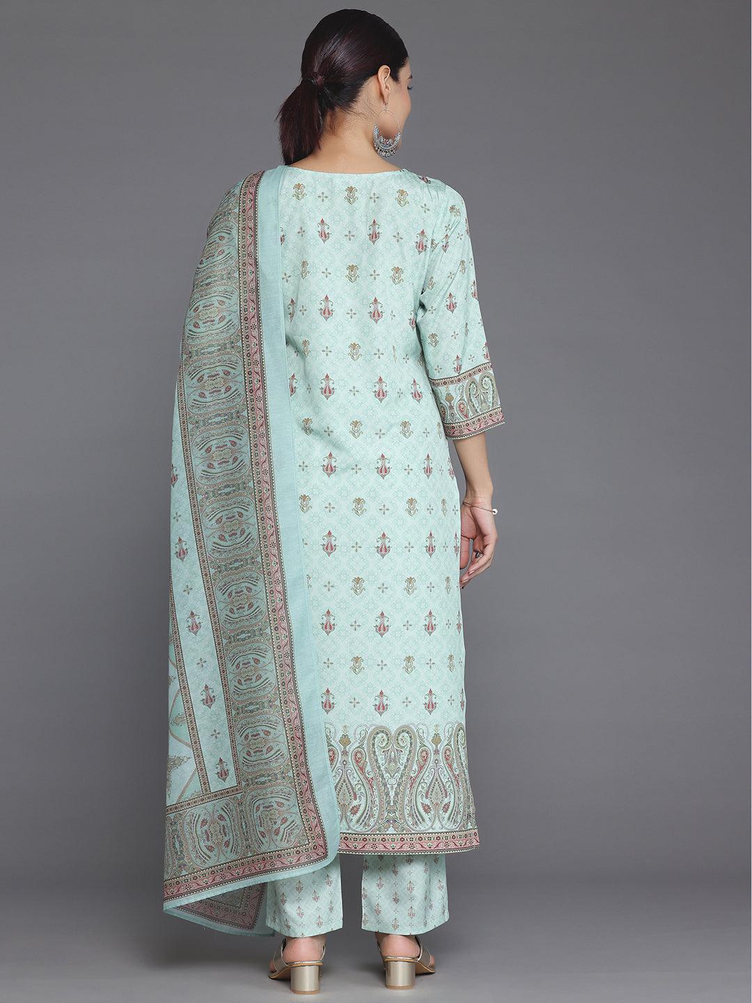 Green Printed Poly Crepe Straight Suit With Dupatta - Libas