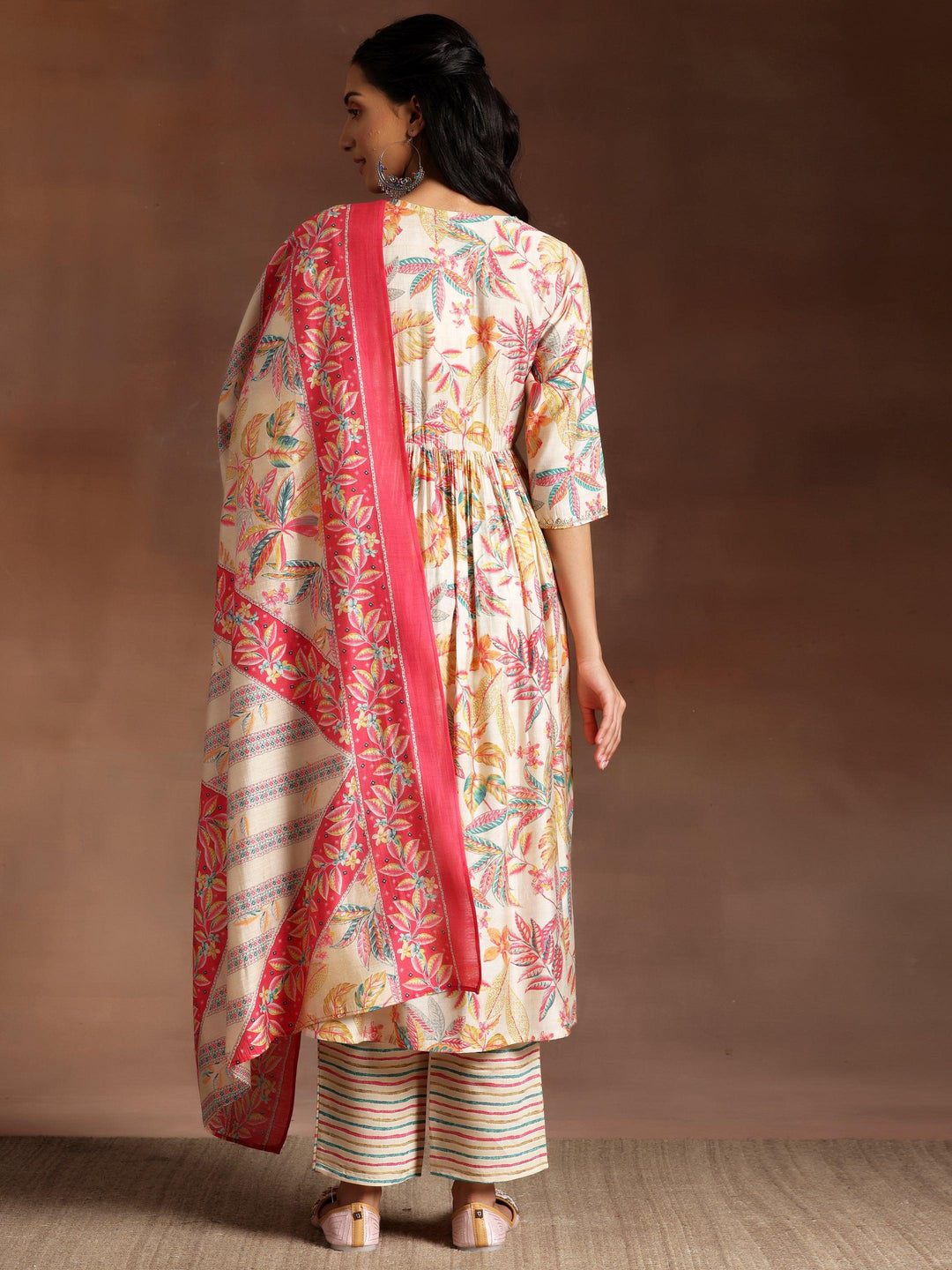 Off White Printed Silk Blend Straight Suit With Dupatta - Libas