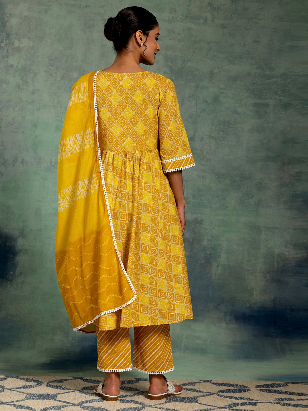 Mustard Printed Cotton A-Line Kurta With Palazzos & Dupatta - Libas 