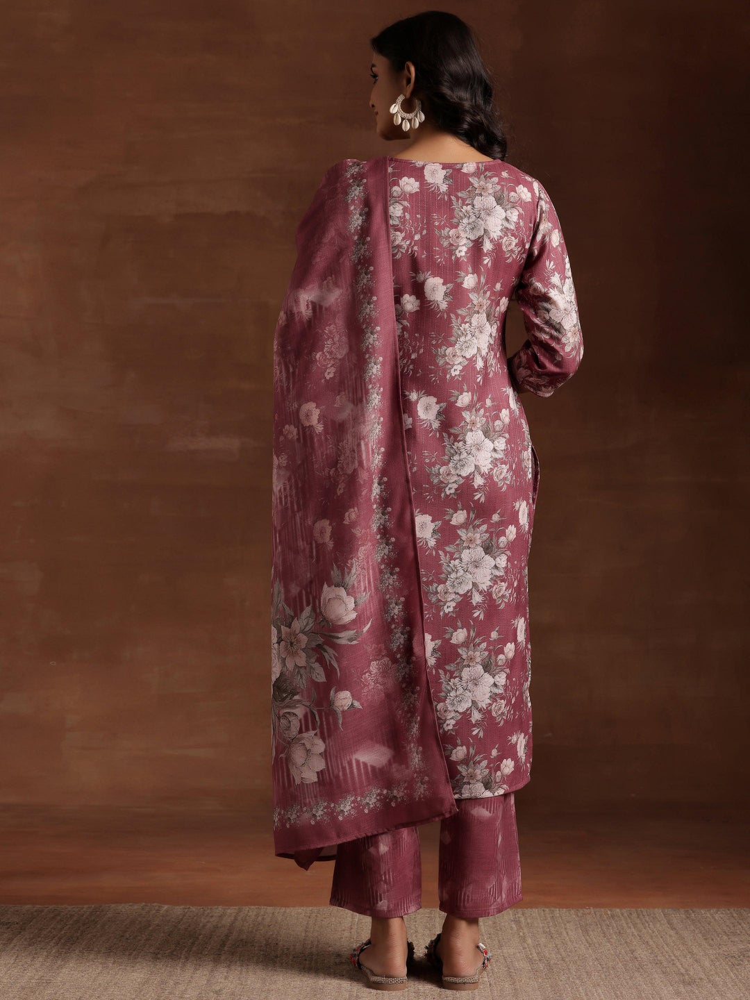 Mauve Printed Cotton Straight Suit With Dupatta - Libas