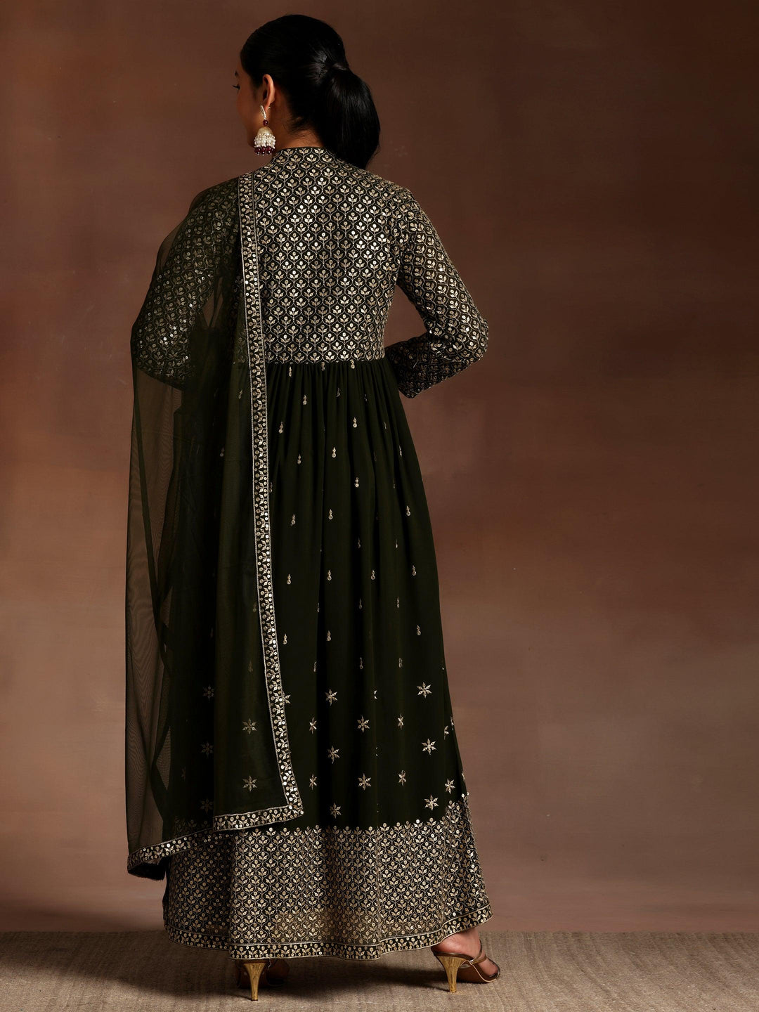 Olive Embroidered Georgette A-Line Kurta With Trousers & Dupatta - Libas 