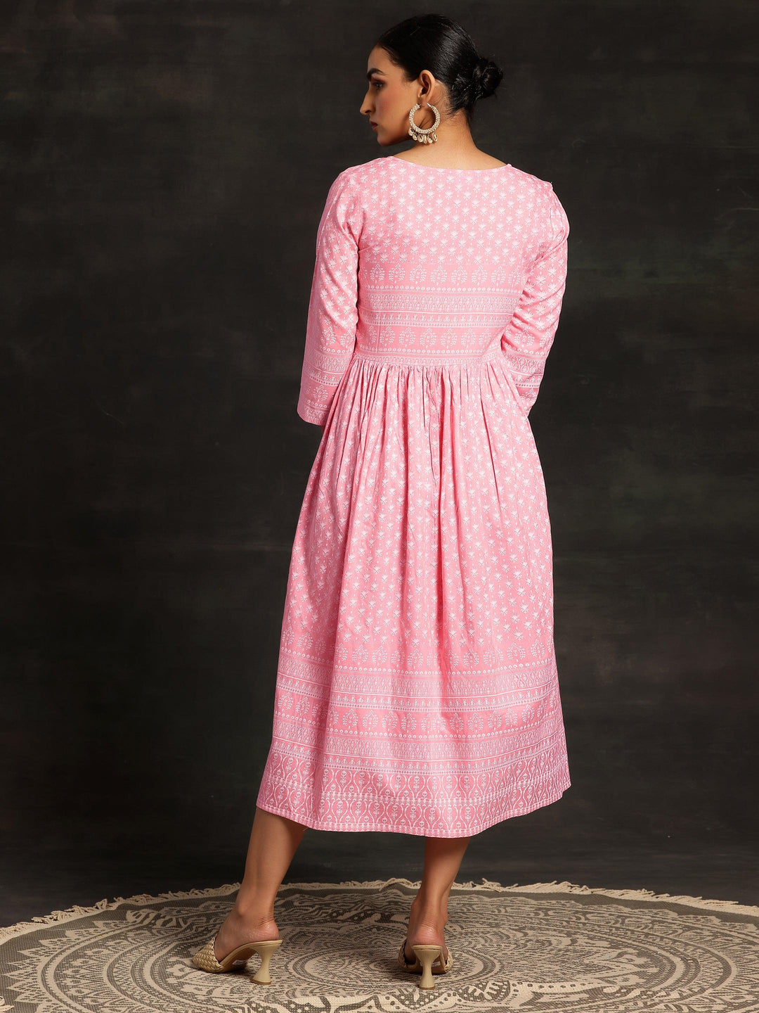 Pink Printed Cotton Fit and Flare Dress - Libas