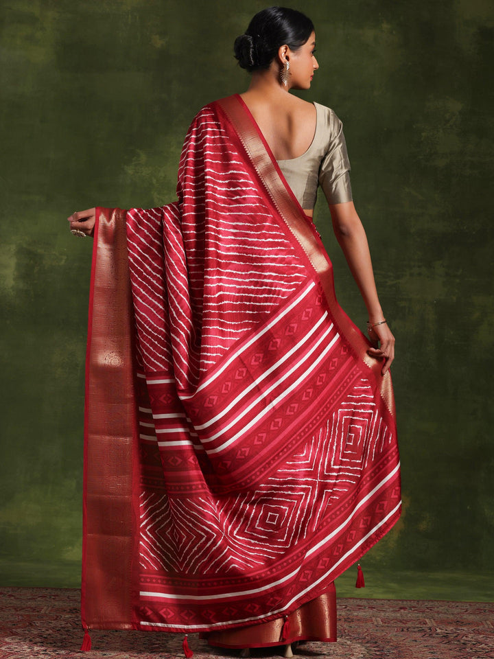 Maroon Printed Silk Blend Saree With Unstitched Blouse Piece - Libas