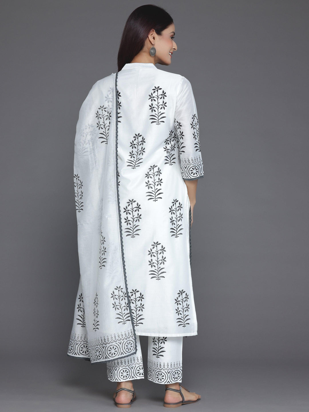 White Printed Chanderi Silk Straight Suit With Dupatta - Libas 