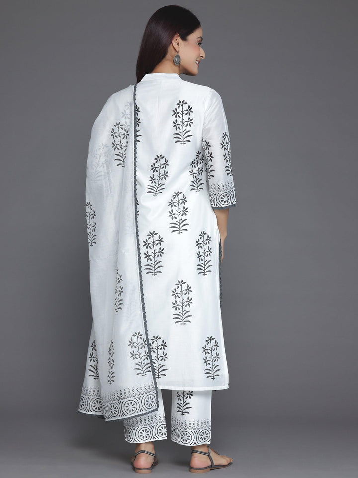 White Printed Chanderi Silk Straight Suit With Dupatta - Libas