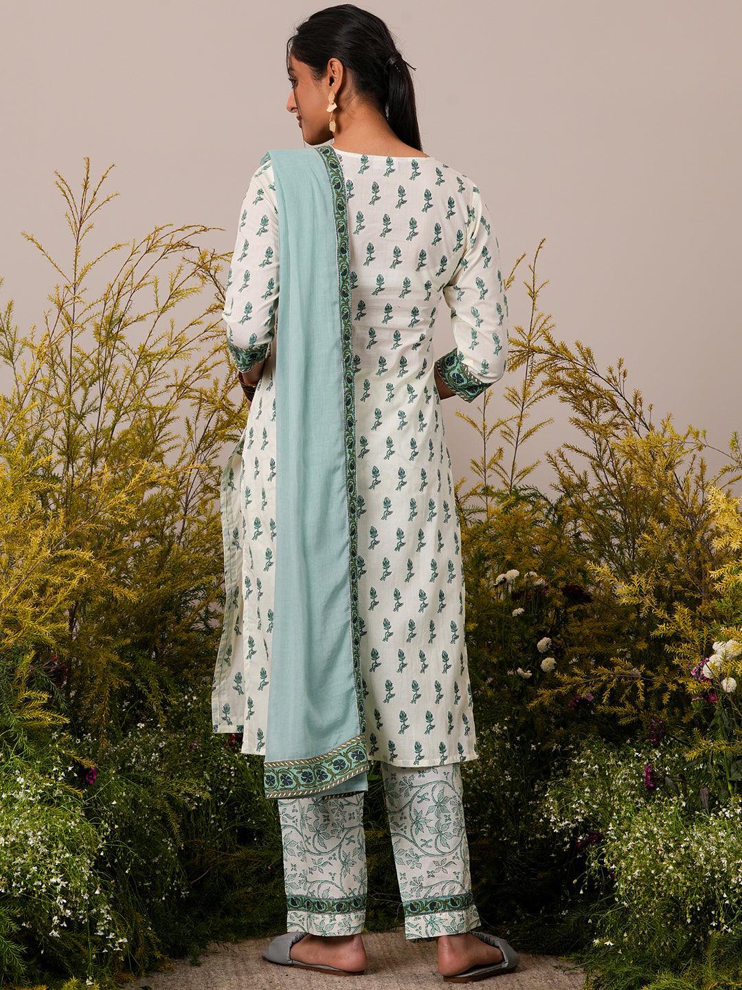 Off White Printed Cotton Straight Suit With Dupatta - Libas