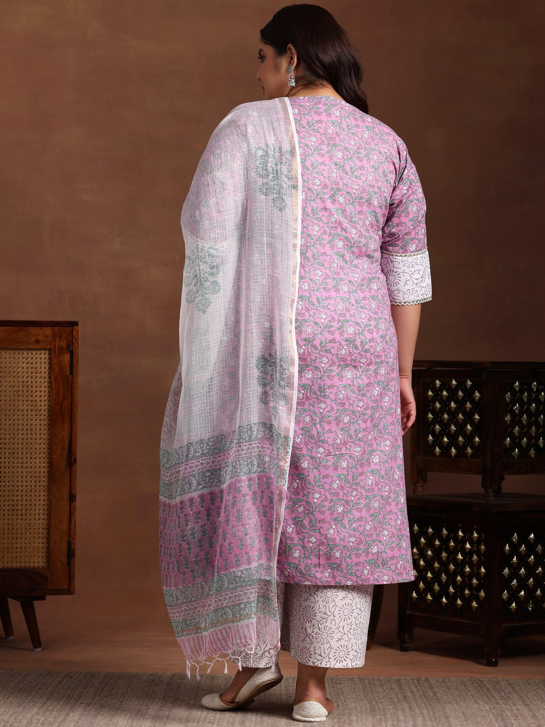 Plus Size Pink Printed Cotton Straight Suit With Dupatta - Libas