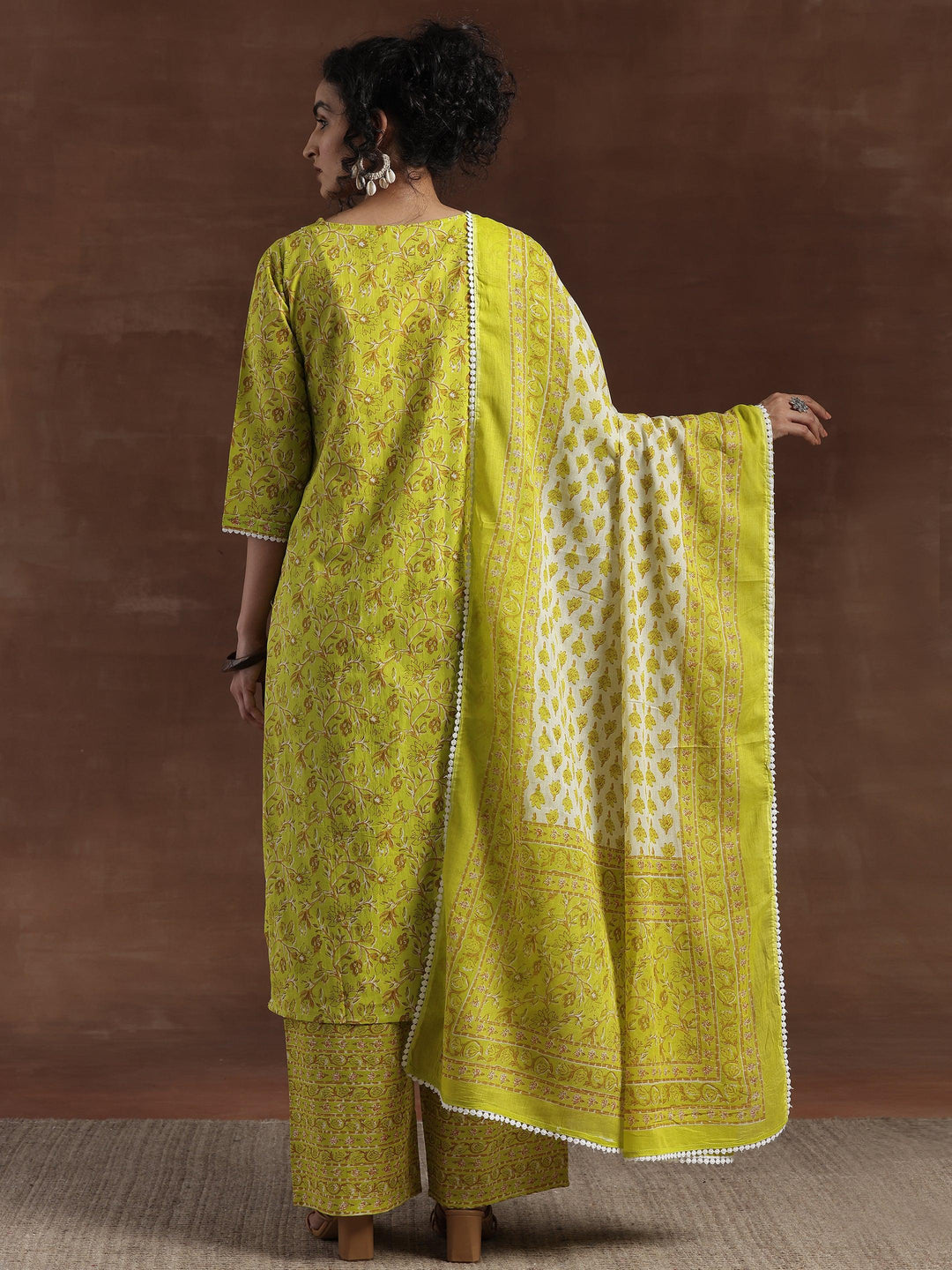 Green Printed Cotton Straight Suit With Dupatta - Libas