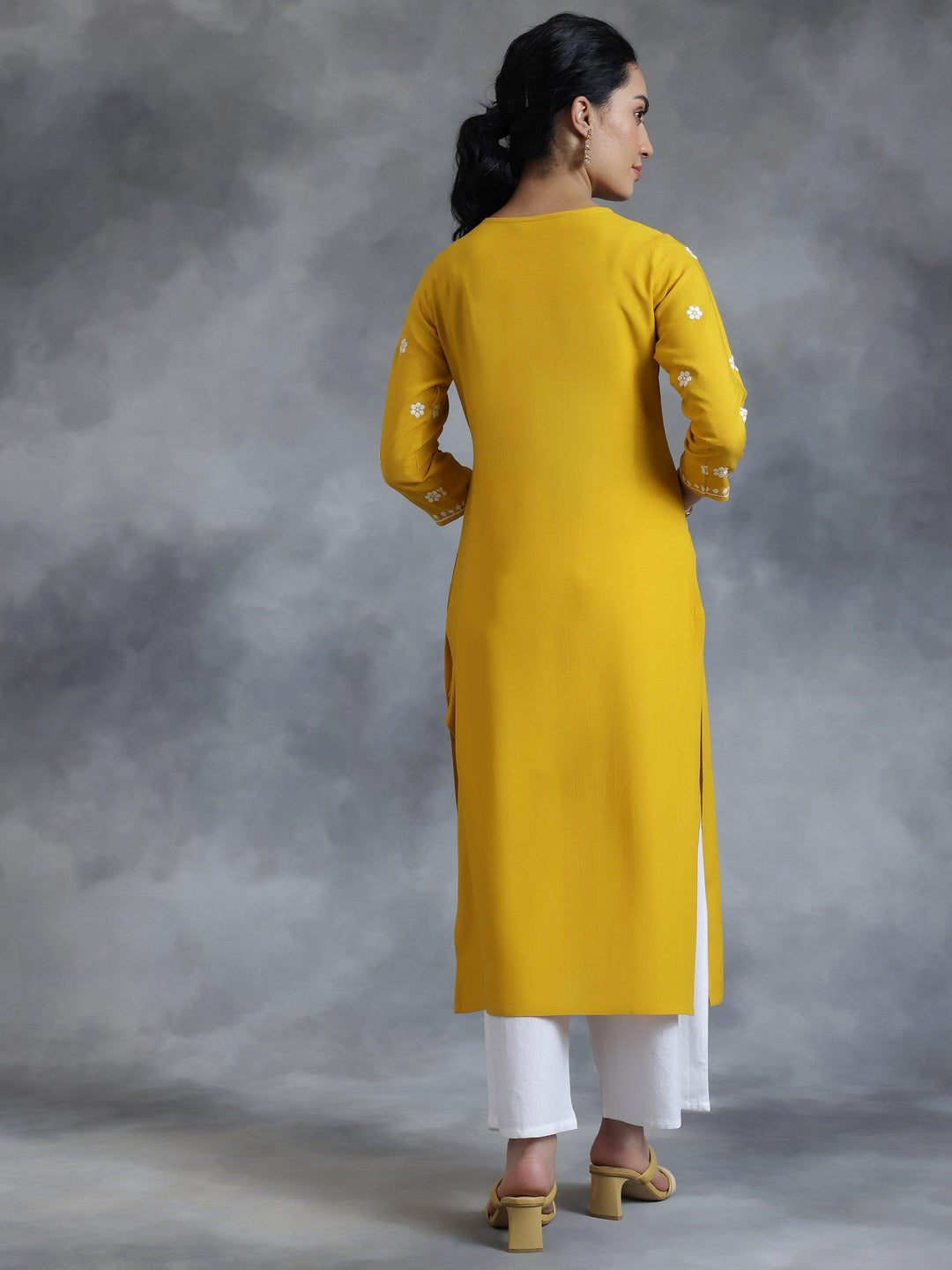 Mustard Embroidered Rayon Straight Kurta - Libas