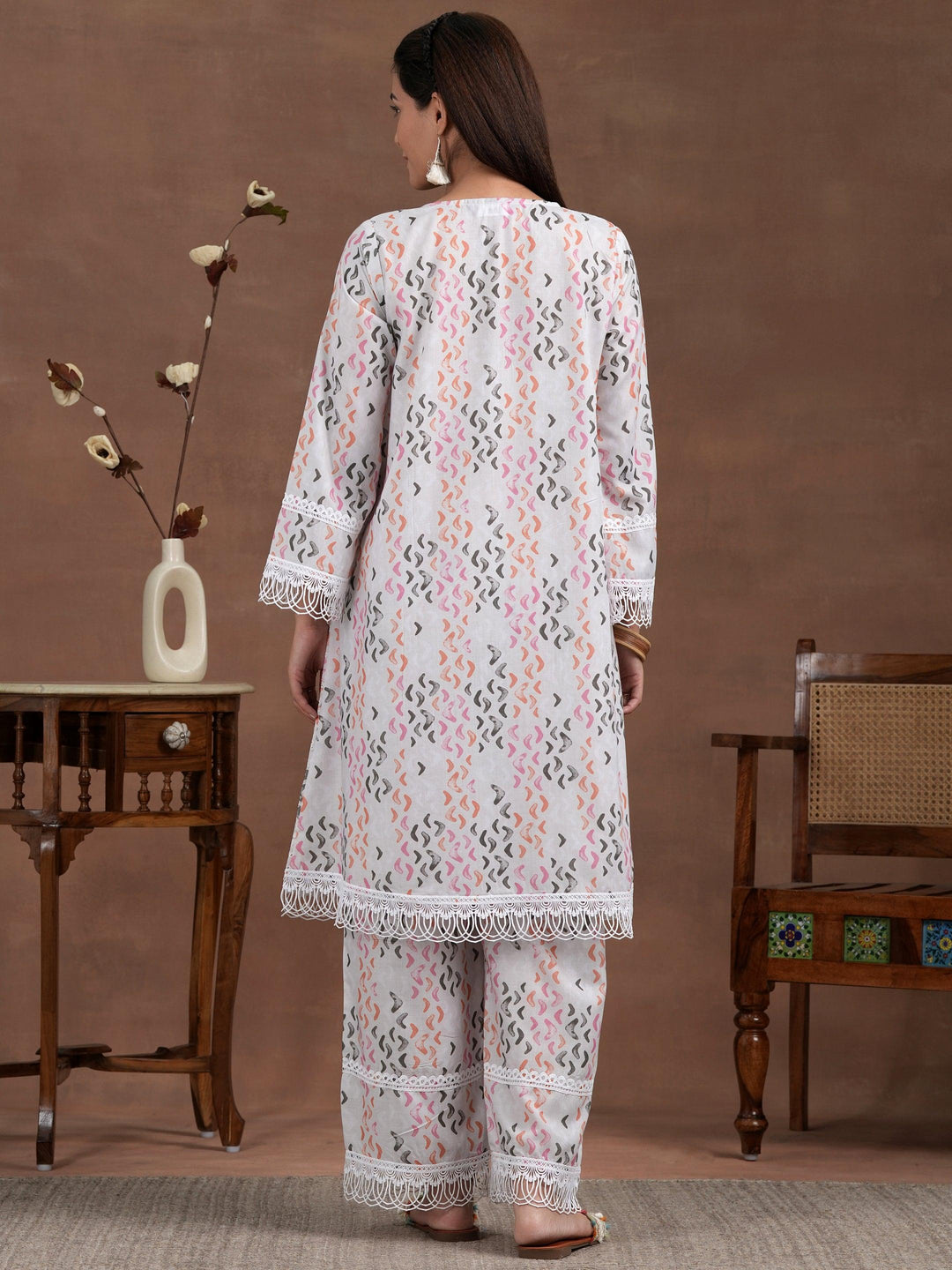 Off white Printed Cotton A-Line Kurta With Palazzos - Libas 