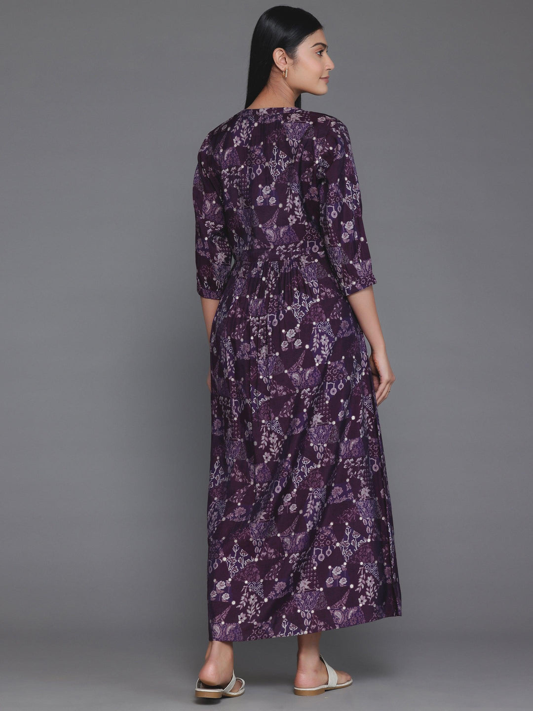 Purple Printed Silk Fit and Flare Dress - Libas