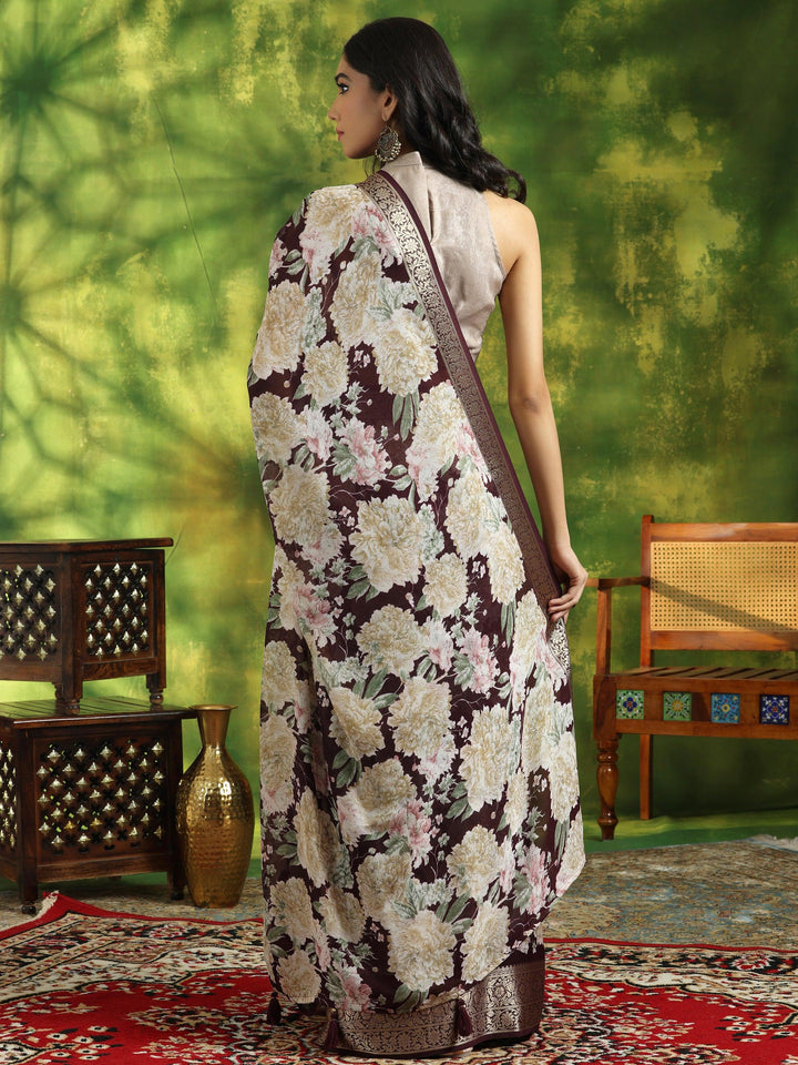 Wine Printed Silk Blend Saree With Unstitched Blouse Piece - Libas