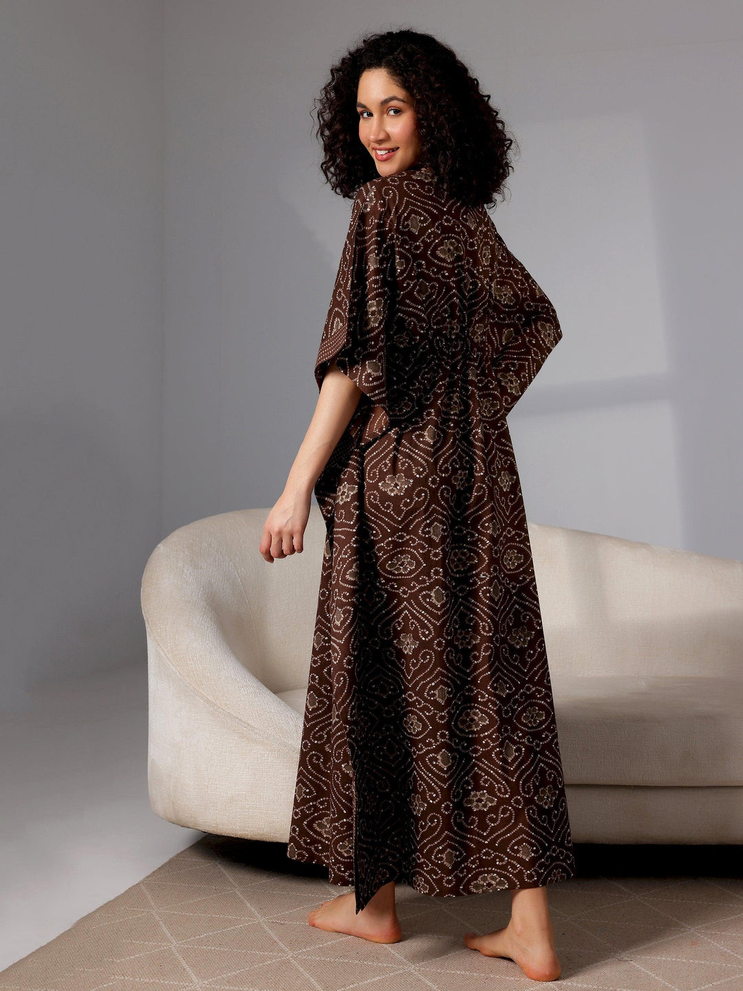 Brown Printed Cotton Kaftan Night Dress - Libas