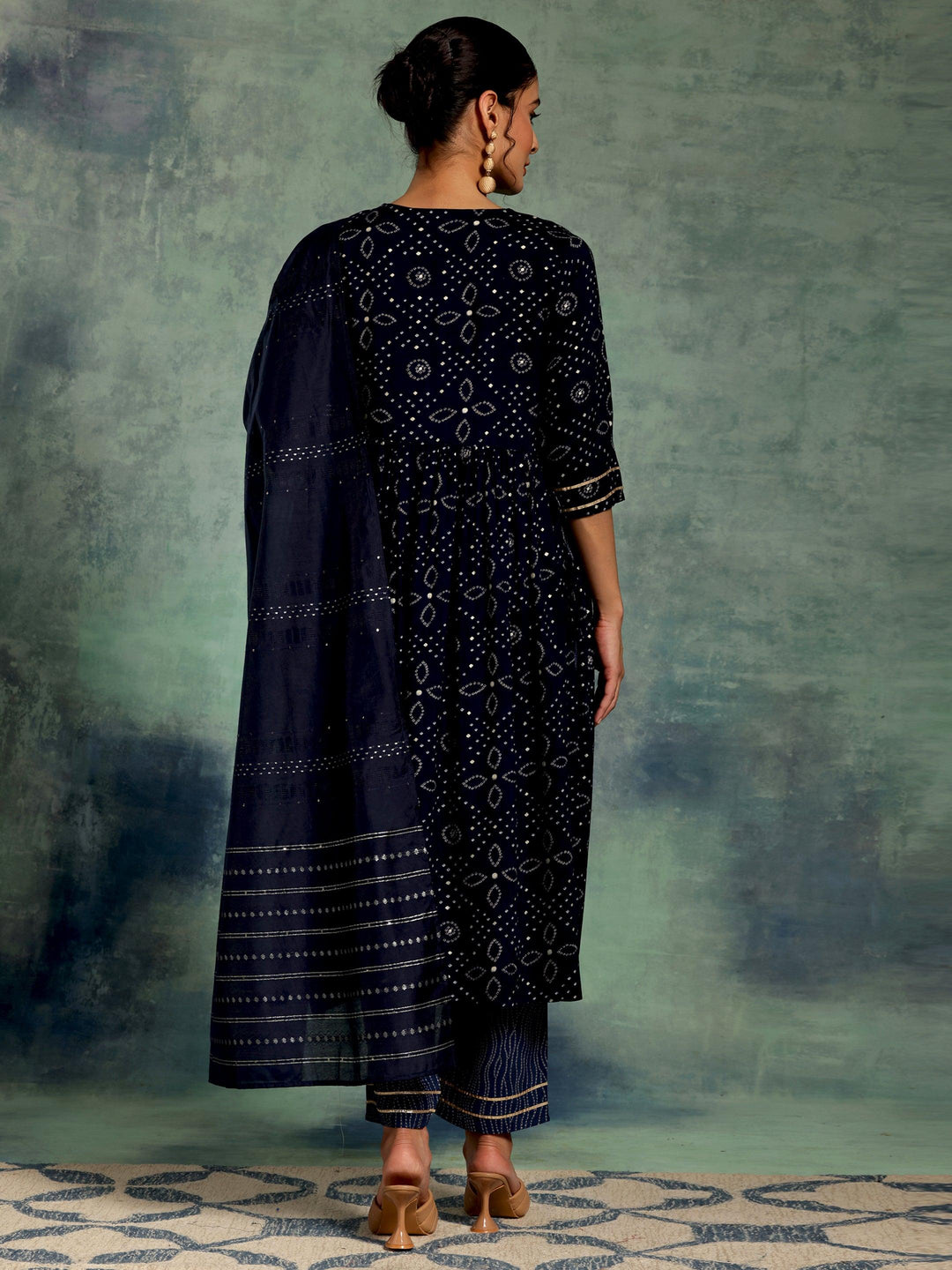 Blue Printed Rayon A-Line Kurta With Palazzos & Dupatta - Libas