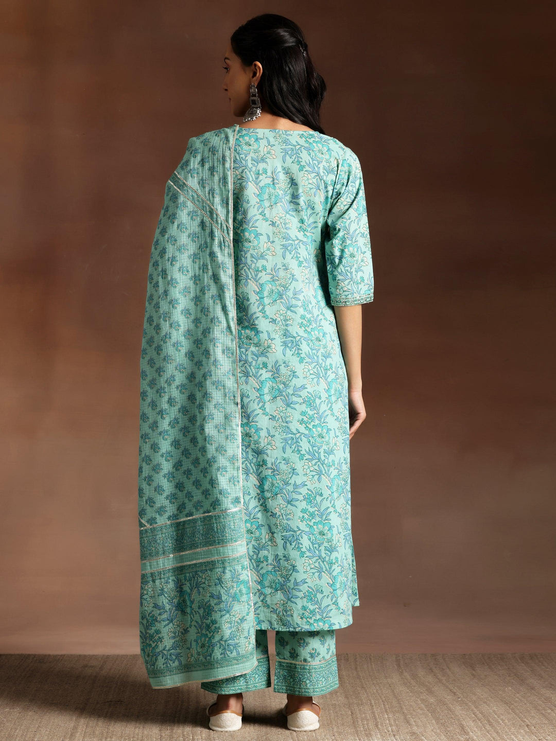 Turquoise Printed Cotton A-Line Kurta With Palazzos & Dupatta - Libas