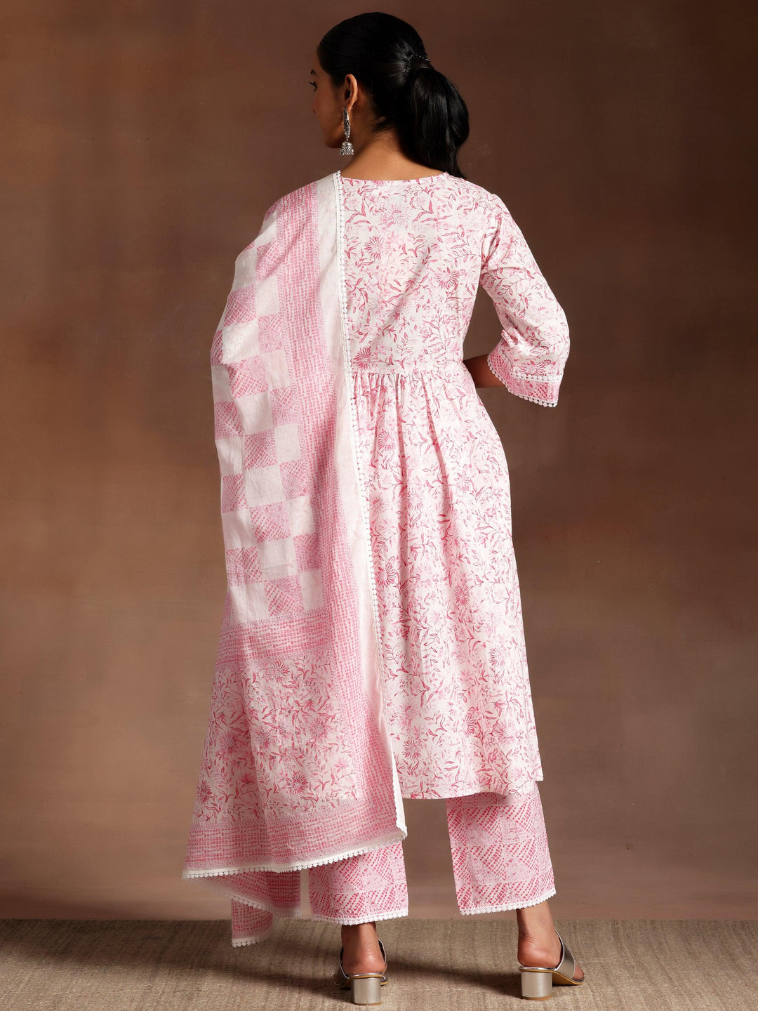 Tabassum Pink Printed Cotton A-Line Kurta With Palazzos & Dupatta - Libas 